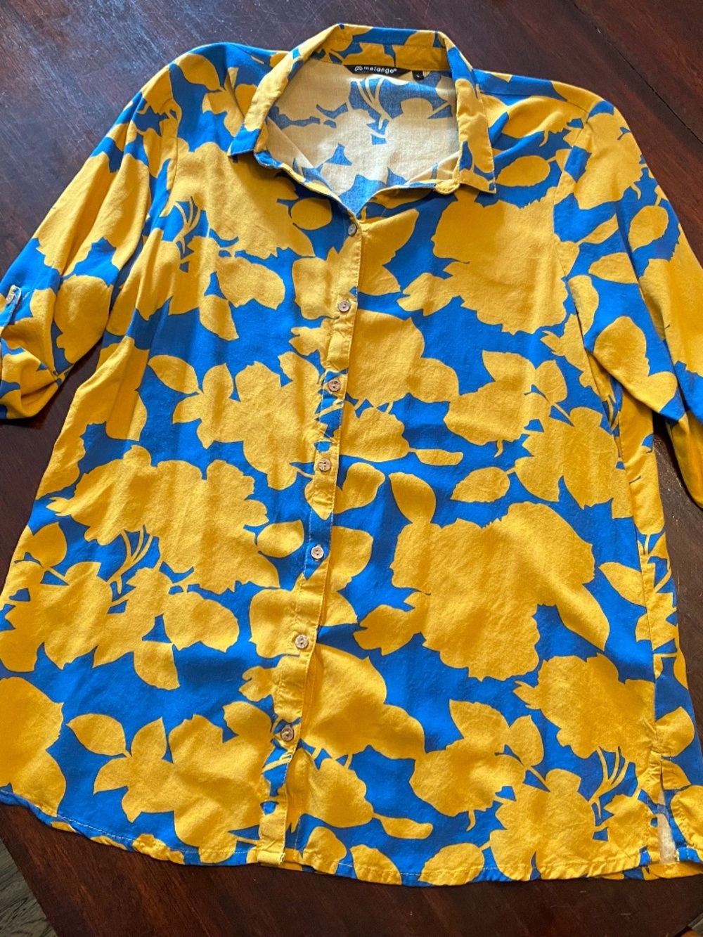 melange Women's Floral Yellow and Blue Button Up Blouse, Size L